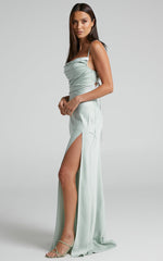 Ardent Maxi Dress - Cowl Neck Tie Back Satin Dress in Mint