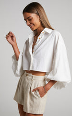 Marsha Linen Blend Shirt - Cropped Long Sleeve Button Up Shirt in White