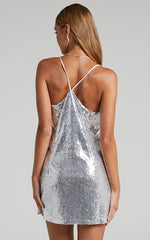 Delilaah Mini Dress - Strappy V Neck Slip Sequin Dress in Silver Sequins