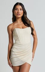 Akhira Mini Dress - Corset Detail Strapless Sequin Dress in Off White