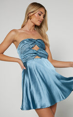 Almaeh Mini Dress - Twist Front Cut Out Strapless Slip Dress in Steel Blue