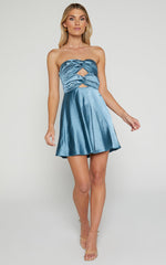 Almaeh Mini Dress - Twist Front Cut Out Strapless Slip Dress in Steel Blue