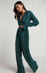 Aluna Two Piece Set - Plisse Twist Front Crop Top and Wide Leg Pants Set in Forest Green