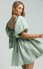 Amalie The Label - Hamyya Linen Tie Back Puff Sleeve Mini Linen Dress in Sage