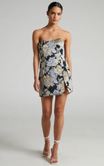 Brailey Mini Dress - Strapless Dress in Black, Silver & Gold Jacquard