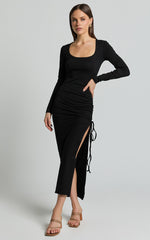 Harlow Midi Dress - Crew Neck Long Sleeve Ruched Side Split Dress in Black