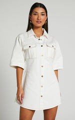 Leilani Mini Dress - Denim Short Sleeve Button Up Dress with Gold Hardware in ECRU