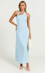 Lindley Midi Dress - Halter Neck Linen Look Dress in Soft Blue