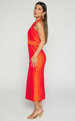 Marlette Midi Dress - Pleated Open Back Halter Dress in Orange