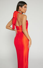 Marlette Midi Dress - Pleated Open Back Halter Dress in Orange
