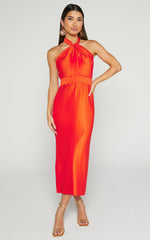 Marlette Midi Dress - Pleated Open Back Halter Dress in Orange