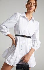 Maulee Mini Dress - Frill Hem Shirt Dress in White