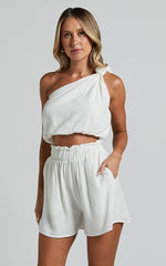 Raylene Two Piece Set - Linen Knotted One Shoulder Top and Paper Bag Waist Shorts in White
