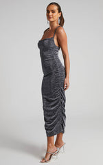 Roma Midi Dress - Ruched Cowl Neck Dress in Silver