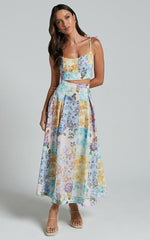 Rosalee Two Piece Set - Strappy Crop Top and High Waisted A Line Midi Skirt Set in Vintage Floral