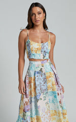 Rosalee Two Piece Set - Strappy Crop Top and High Waisted A Line Midi Skirt Set in Vintage Floral