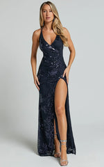 Out Till Dawn Maxi Dress - Thigh Split Dress In Navy Sequin