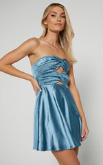 Almaeh Mini Dress - Twist Front Cut Out Strapless Slip Dress in Steel Blue