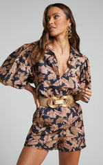 Amalie The Label - Janae Linen Blend Collared Puff Sleeve Button Up Shirt in Kora Print