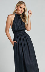 Amalie The Label - Shepard Linen Blend Halter Neck Maxi Dress in Black
