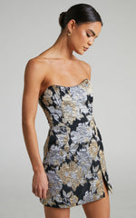 Brailey Mini Dress - Strapless Dress in Black, Silver & Gold Jacquard