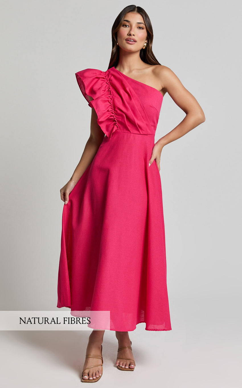 Dixie Midi Dress - Linen Look One Shoulder Ruffle Dress in Raspberry