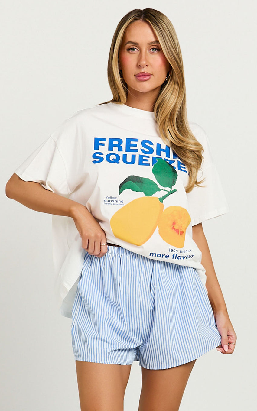 Gwen Two Piece Top and Shorts Set - Freshly Squeezed T-shirt Set in White/Blue