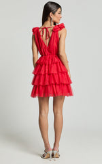 Hayden Mini Dress - Low Back Tulle Tiered Dress in Red