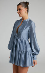 Kyra Mini Dress - Pin Tuck Detail Tiered Shirt Dress in Blue