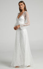 Leauna Bridal Gown - Sheer Long Sleeve Deep V Neck Embellished Tulle Gown in Ivory