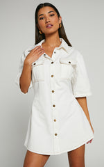Leilani Mini Dress - Denim Short Sleeve Button Up Dress with Gold Hardware in ECRU