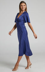 Nicholla Midi Dress - Ruched Front Angel Sleeve Slip Dress in Navy