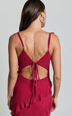 Nitha Maxi Dress - Asymmetrical Frill Thigh Split Dress in Berry