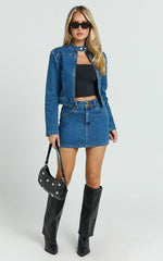 Pamela Mini Skirt - Low Rise Double Button Recycled Denim Skirt in Dark Blue Wash