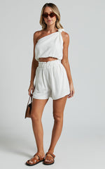 Raylene Two Piece Set - Linen Knotted One Shoulder Top and Paper Bag Waist Shorts in White