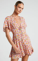 Rosario Mini Dress - Flutter Sleeve V Neck Dress in White Floral