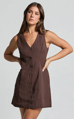 Sia Mini Dress - V Neck Button Down Dress in Chocolate