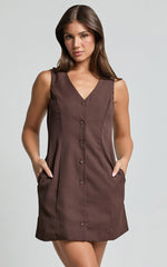 Sia Mini Dress - V Neck Button Down Dress in Chocolate