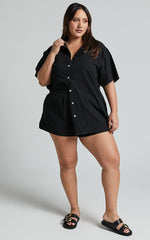 Vina Del Mar Two Piece Set - Linen Look Shirt and Shorts Set in Black